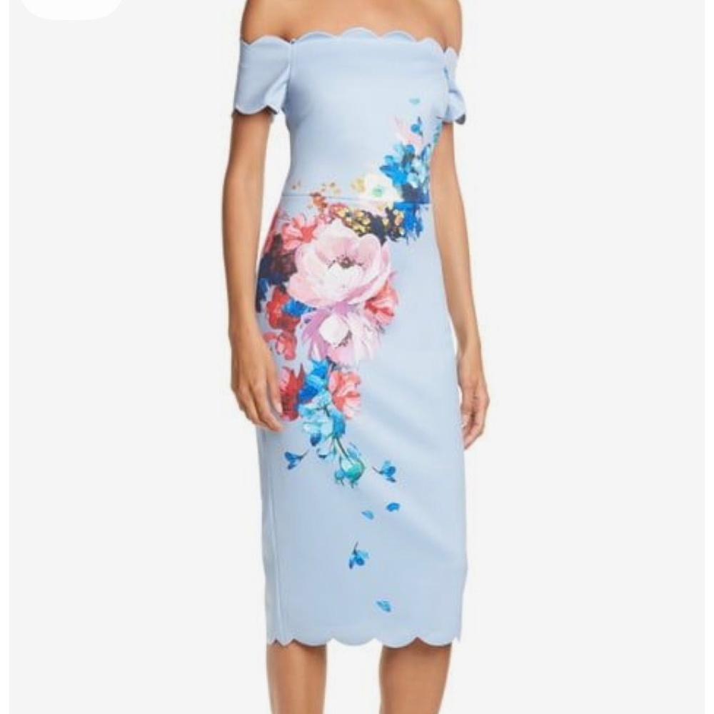 Ted Baker London Pale Blue Off-Shoulder Floral Midi Dress